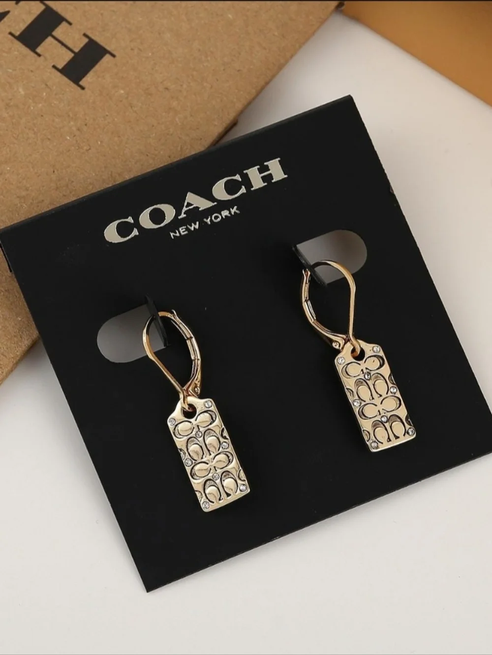 COACH Gold-Tone Signature Hang Tag Earrings - Picture 1 of 3